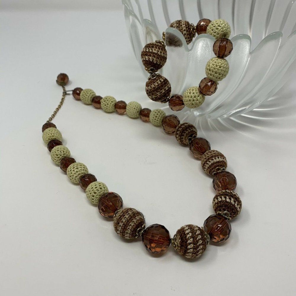 Vintage Necklace Bracelet Set Brown Cream Faceted